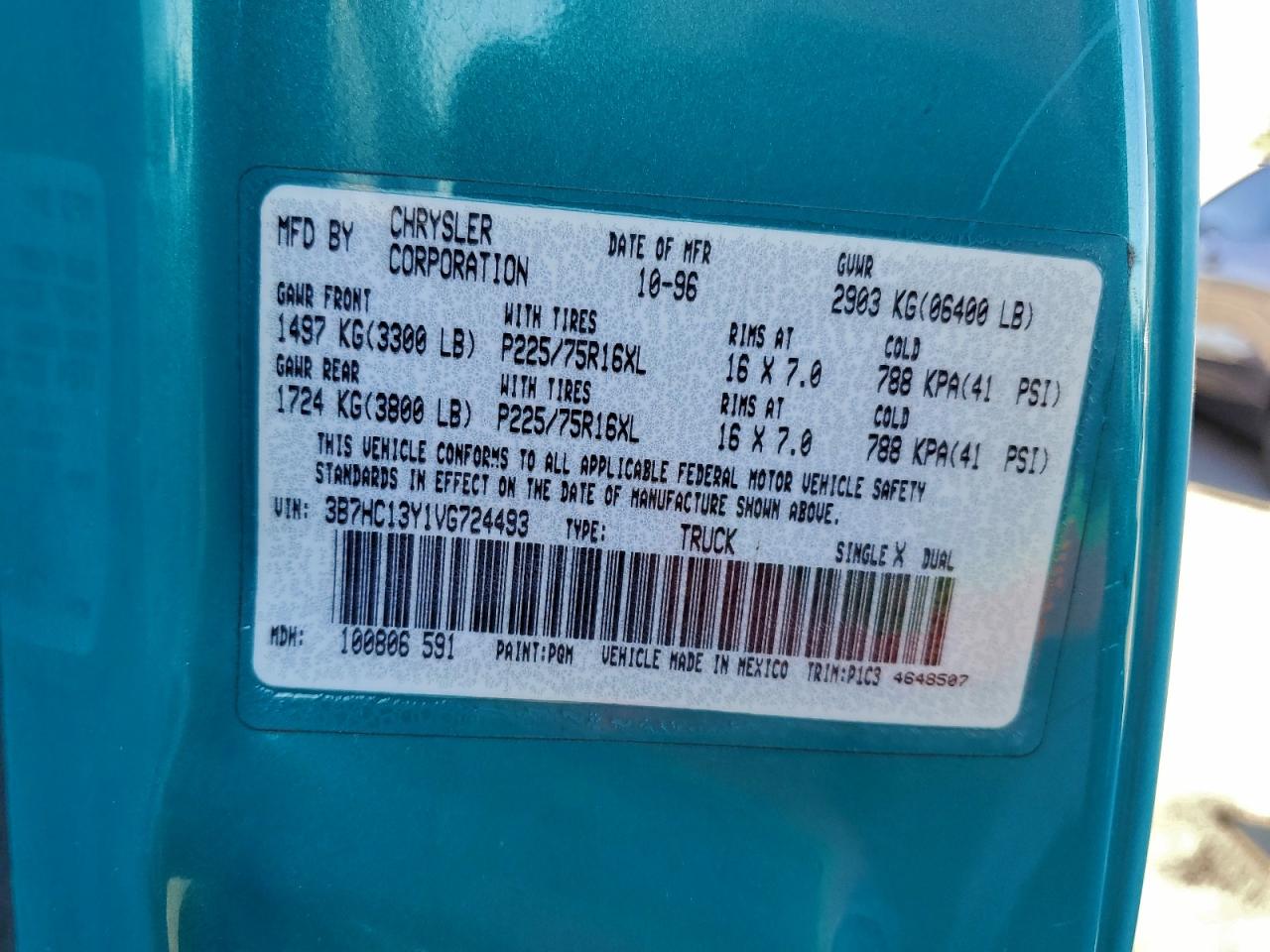 1997 Dodge Ram 1500 VIN: 3B7HC13Y1VG724493 Lot: 96561855