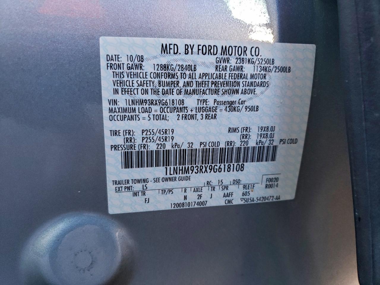 2009 Lincoln Mks VIN: 1LNHM93RX9G618108 Lot: 95314825