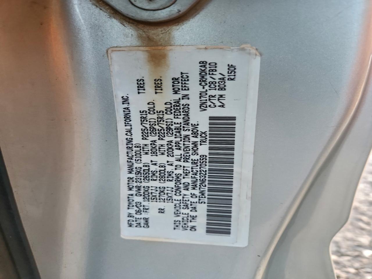 2003 Toyota Tacoma Xtracab VIN: 5TEWN72N63Z270559 Lot: 93754925