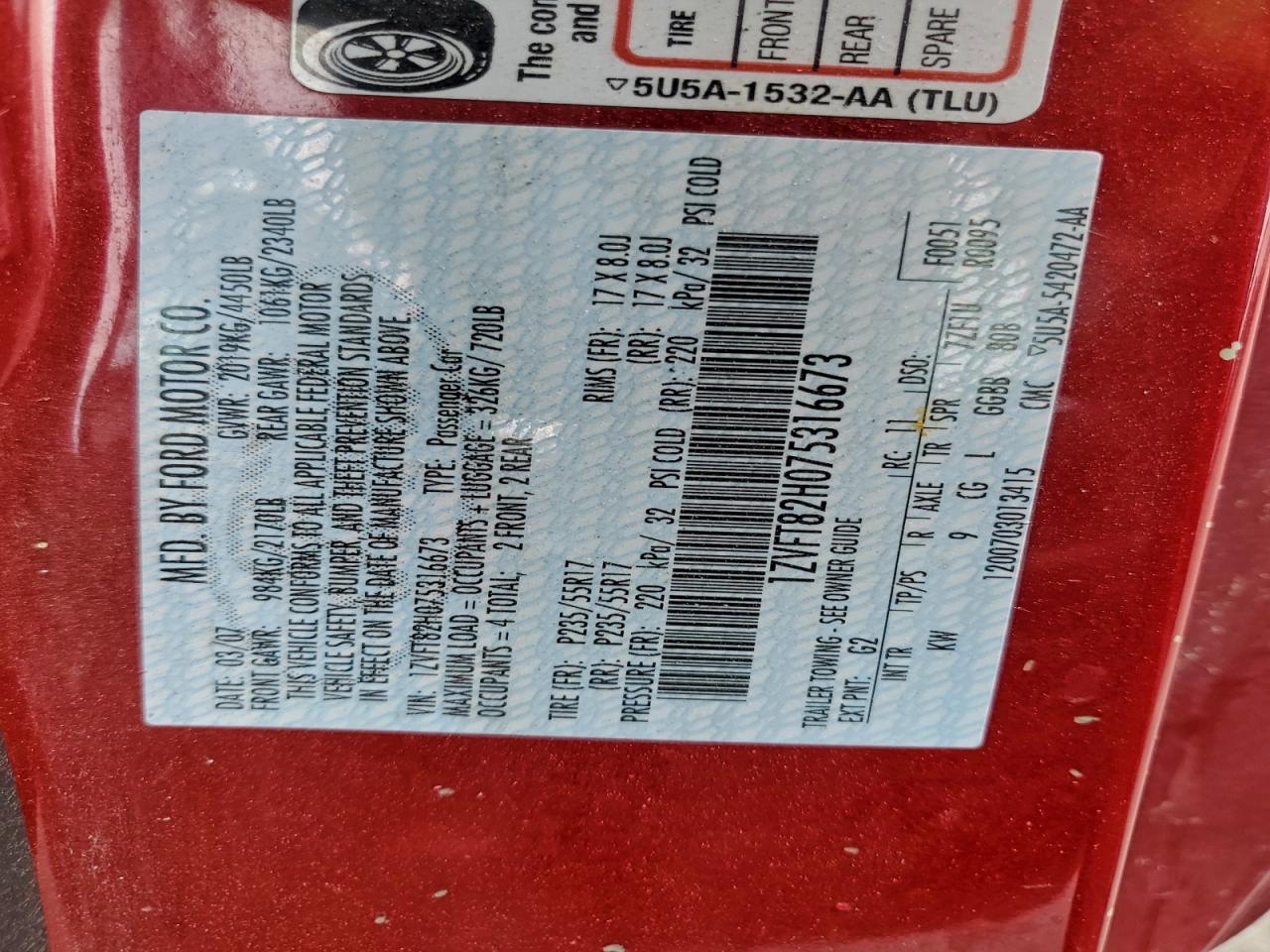 2007 Ford Mustang Gt VIN: 1ZVFT82H075316673 Lot: 95652405