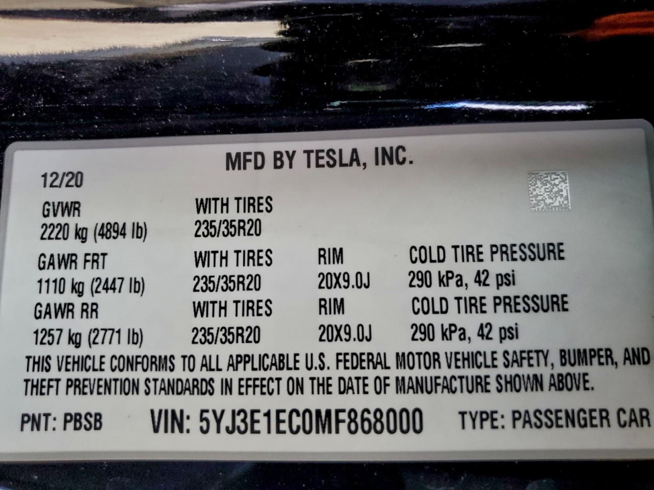 2021 Tesla Model 3 VIN: 5YJ3E1EC0MF868000 Lot: 94937445
