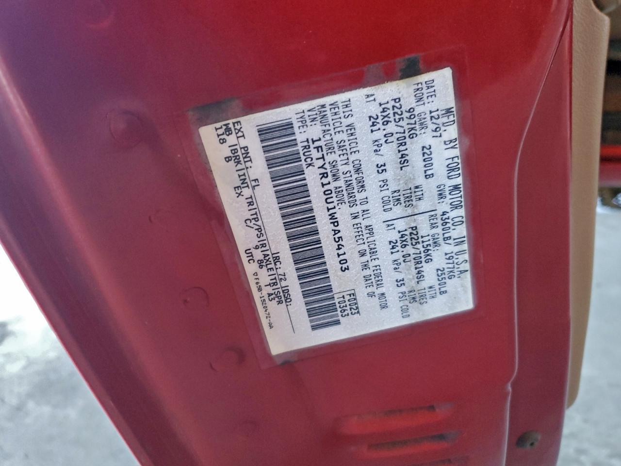 1998 Ford Ranger VIN: 1FTYR10U1WPA54103 Lot: 96992145