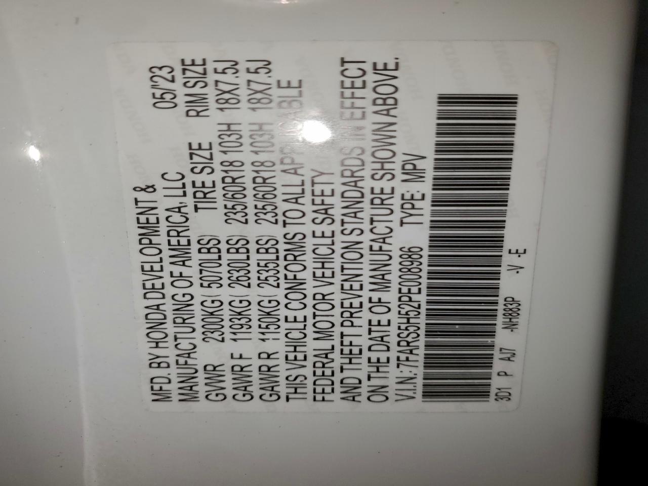 2023 Honda Cr-V Sport VIN: 7FARS5H52PE008986 Lot: 95580865