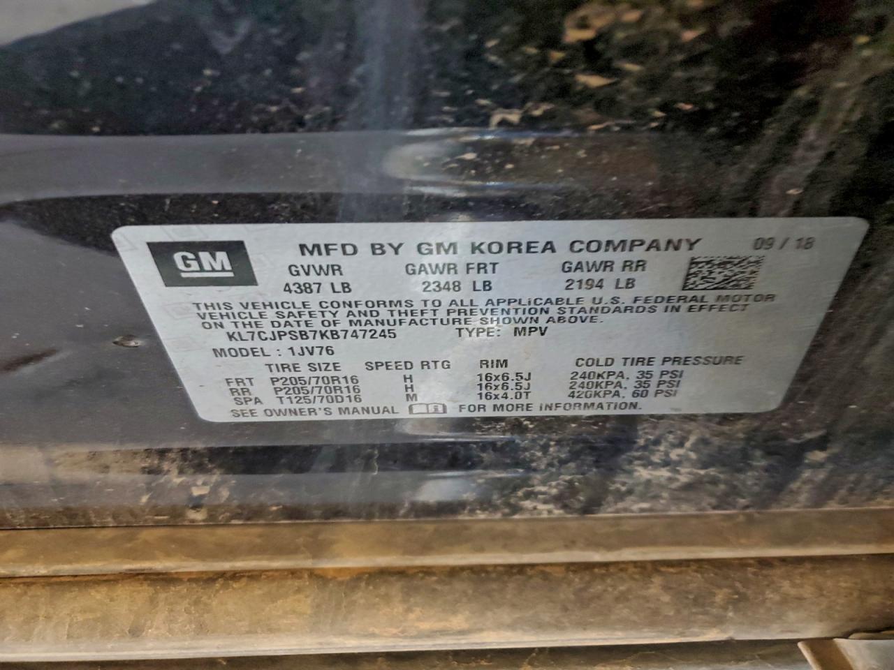 2019 Chevrolet Trax 1Lt VIN: KL7CJPSB7KB747245 Lot: 96351725