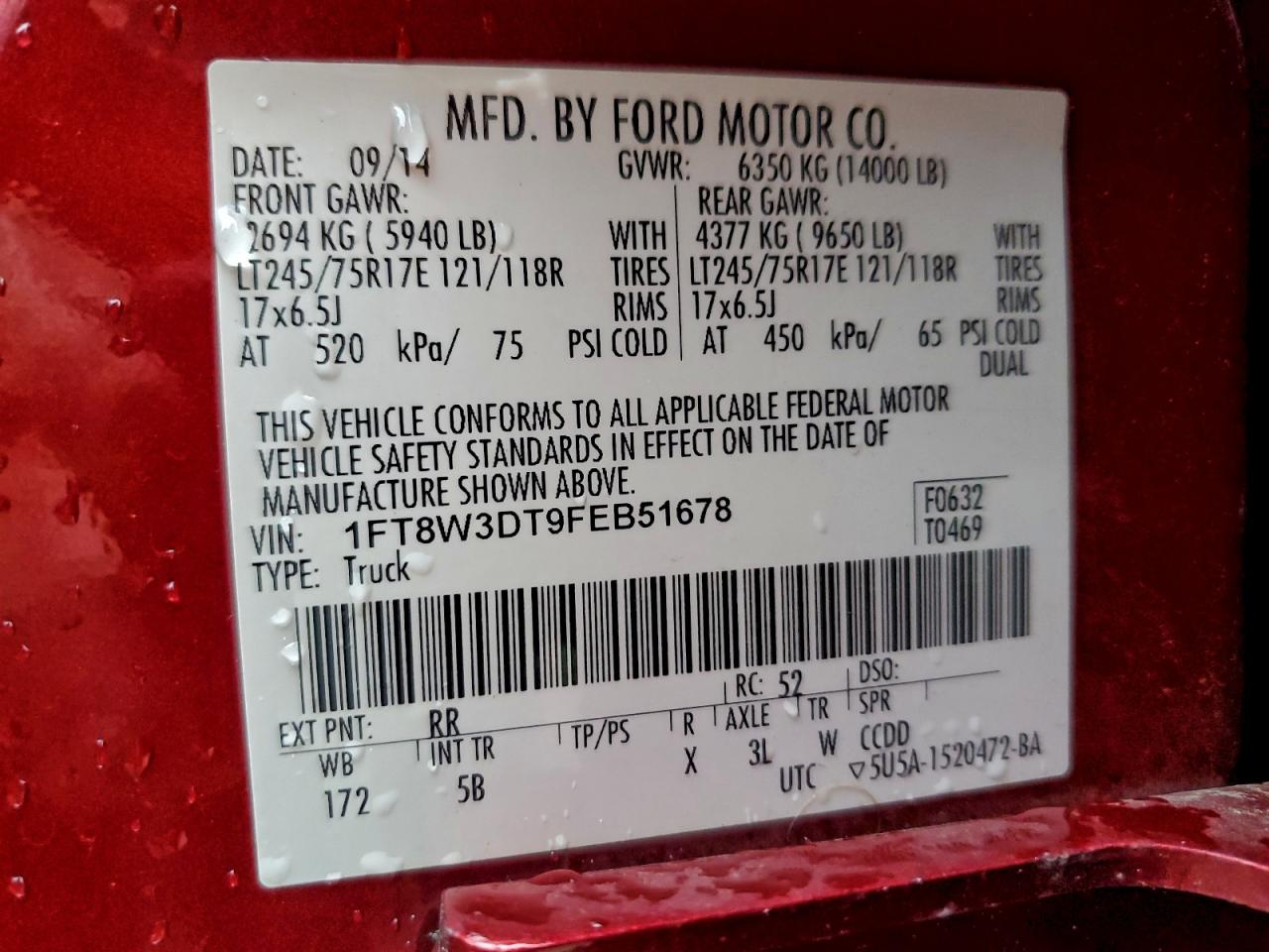 2015 Ford F350 Super Duty VIN: 1FT8W3DT9FEB51678 Lot: 94337855