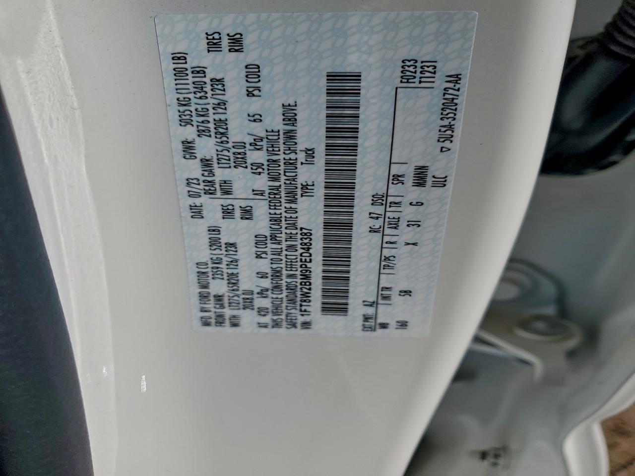 2023 Ford F250 Super Duty VIN: 1FT8W2BM9PED48387 Lot: 96010045