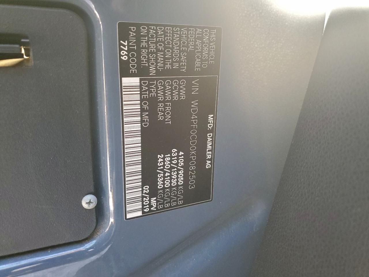 2019 Mercedes-Benz Sprinter 2500/3500 VIN: WD4PF0CD0KP082503 Lot: 95795755