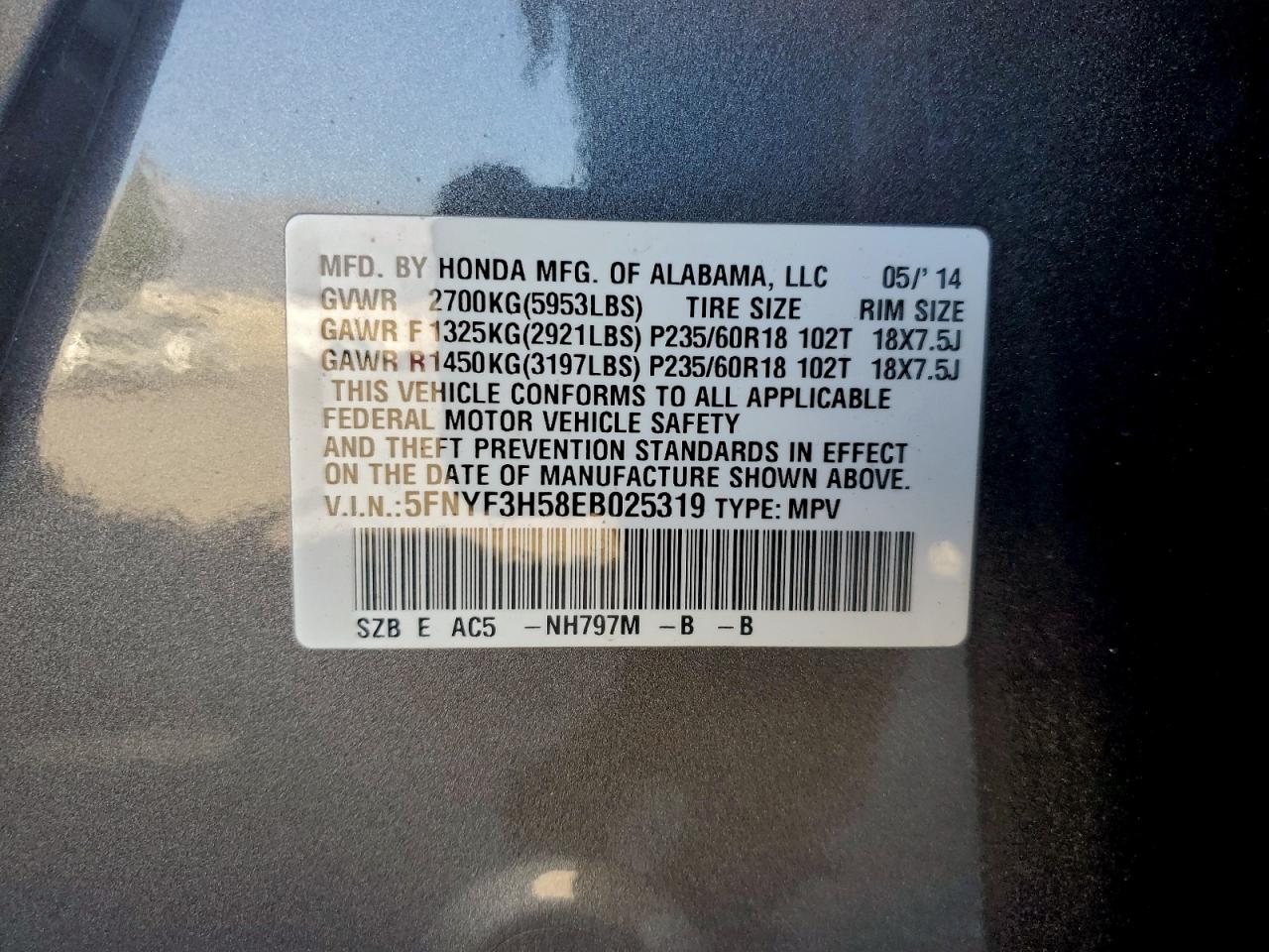 2014 Honda Pilot Exl VIN: 5FNYF3H58EB025319 Lot: 94711865