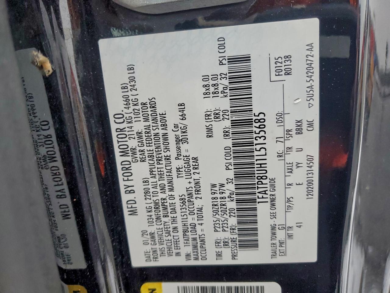 2020 Ford Mustang VIN: 1FATP8UH1L5135685 Lot: 95891185