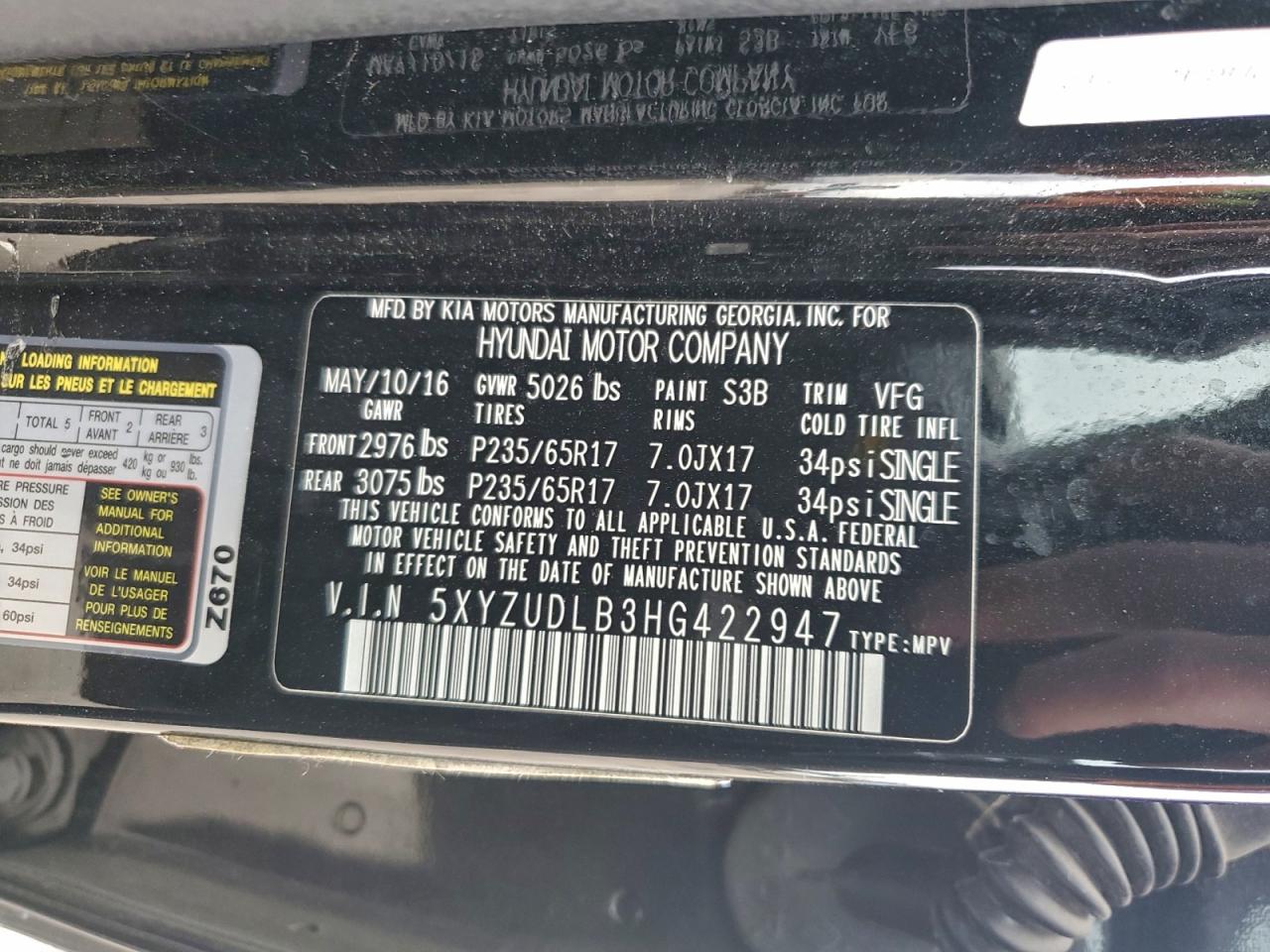 2017 Hyundai Santa Fe Sport VIN: 5XYZUDLB3HG422947 Lot: 96191315