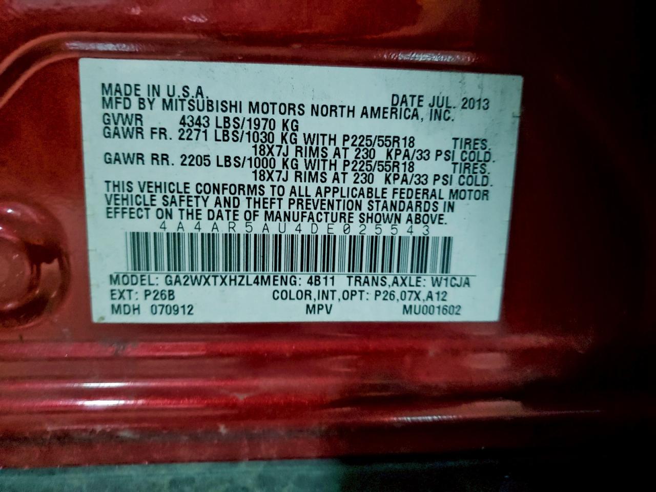 2013 Mitsubishi Outlander Sport Le VIN: 4A4AR5AU4DE025543 Lot: 95716745