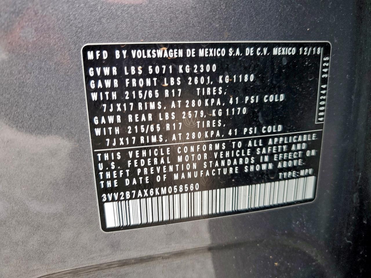 2019 Volkswagen Tiguan Se VIN: 3VV2B7AX6KM058560 Lot: 94804475