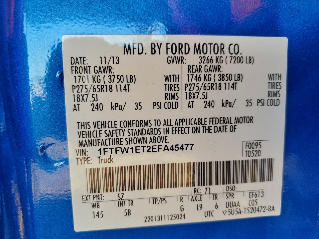 2014 Ford F150 Supercrew VIN: 1FTFW1ET2EFA45477 Lot: 95001945