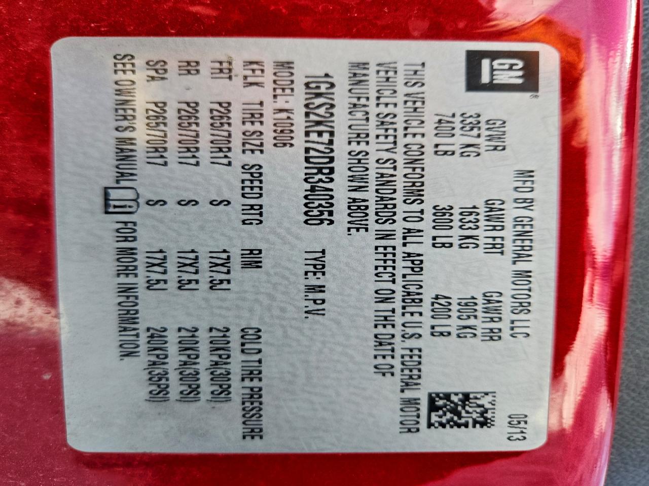 2013 GMC Yukon Xl K1500 Slt VIN: 1GKS2KE72DR340356 Lot: 95524815