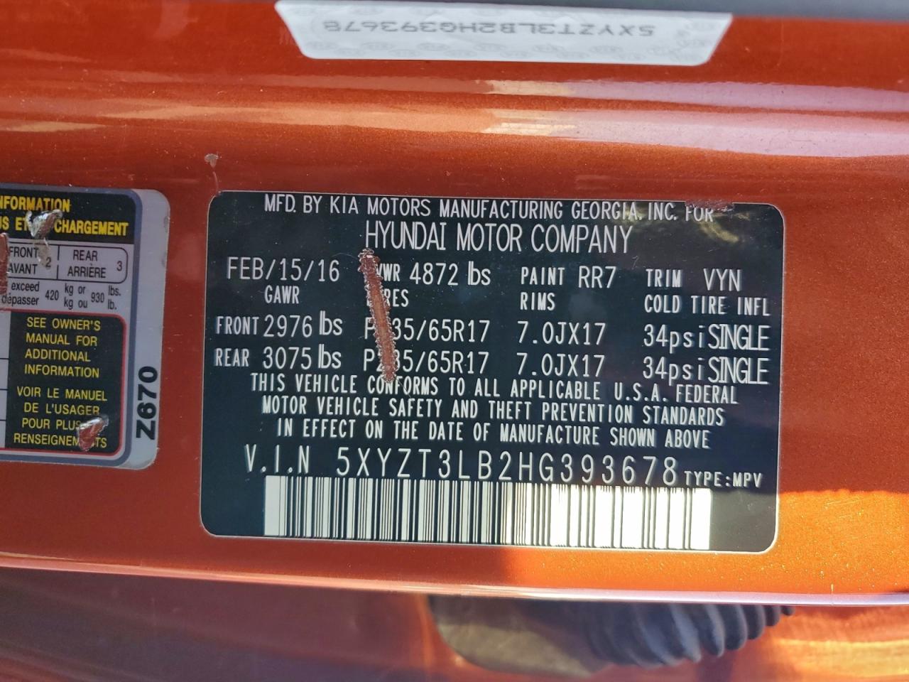 2017 Hyundai Santa Fe Sport VIN: 5XYZT3LB2HG393678 Lot: 95358425