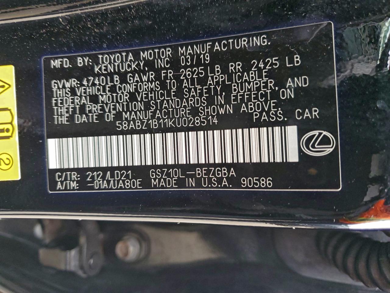 2019 Lexus Es 350 VIN: 58ABZ1B11KU028514 Lot: 96122825