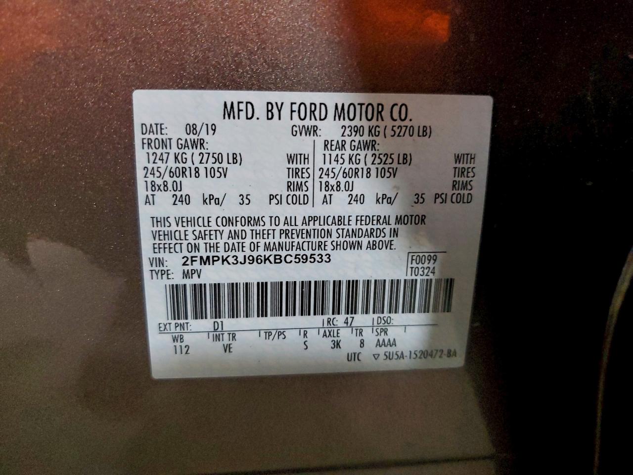 2019 Ford Edge Sel VIN: 2FMPK3J96KBC59533 Lot: 94496305