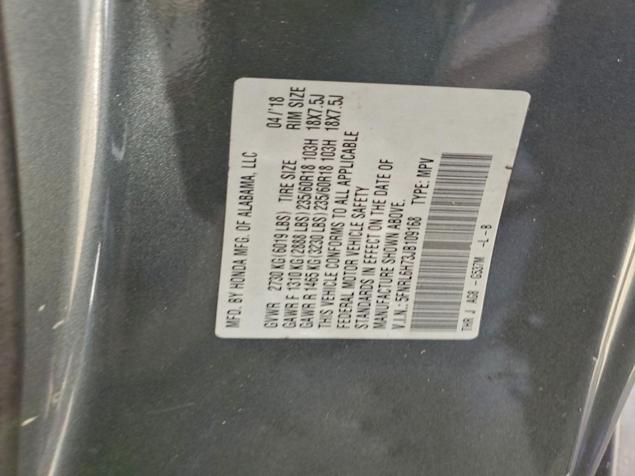 2018 Honda Odyssey Exl VIN: 5FNRL6H73JB109168 Lot: 95437145