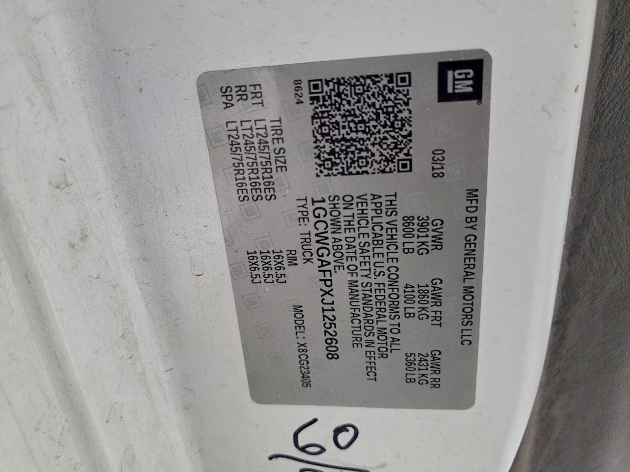 2018 Chevrolet Express G2500 Delivery Van VIN: 1GCWGAFPXJ1252608 Lot: 94709395