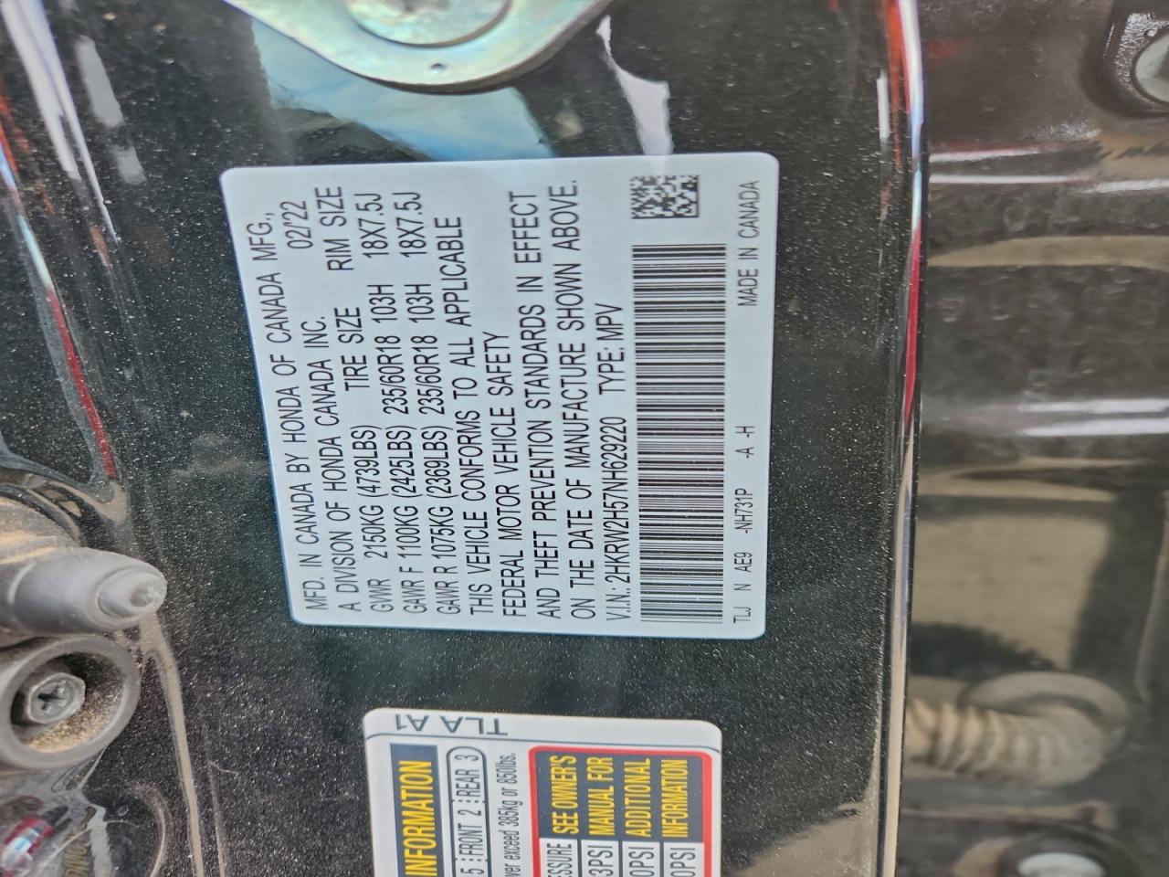 2022 Honda Cr-V Ex VIN: 2HKRW2H57NH629220 Lot: 95169525