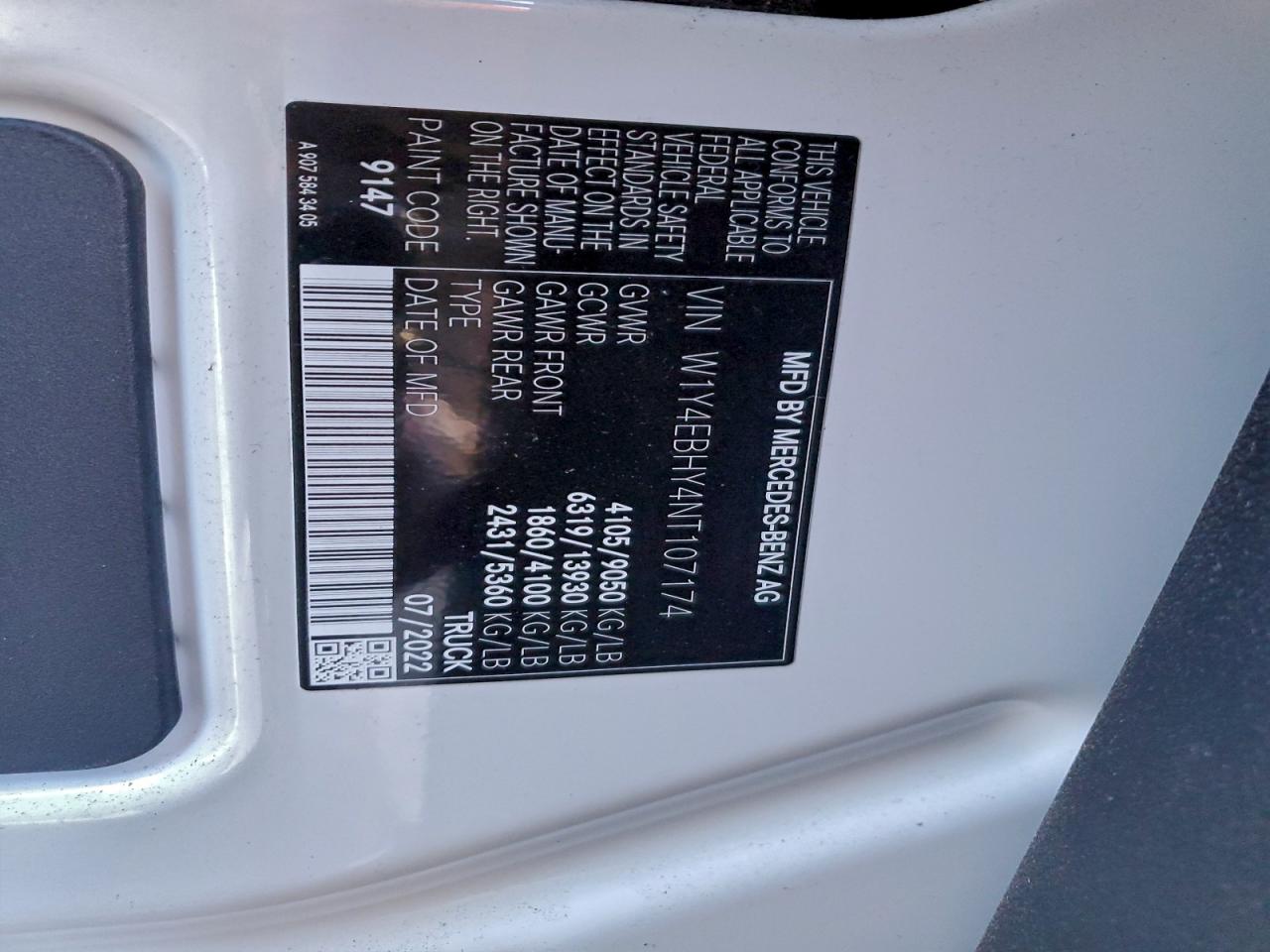 2022 Mercedes-Benz Sprinter 2500 VIN: W1Y4EBHY4NT107174 Lot: 95874445