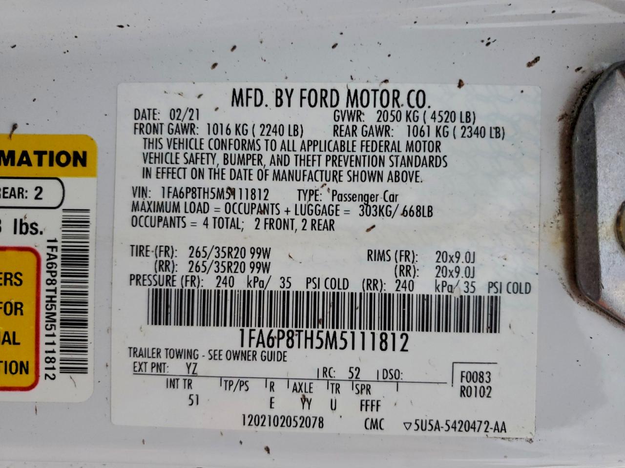 2021 Ford Mustang VIN: 1FA6P8TH5M5111812 Lot: 95336375