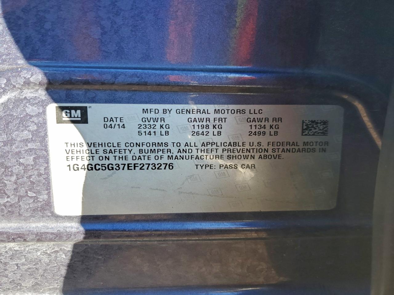 2014 Buick Lacrosse VIN: 1G4GC5G37EF273276 Lot: 94815585