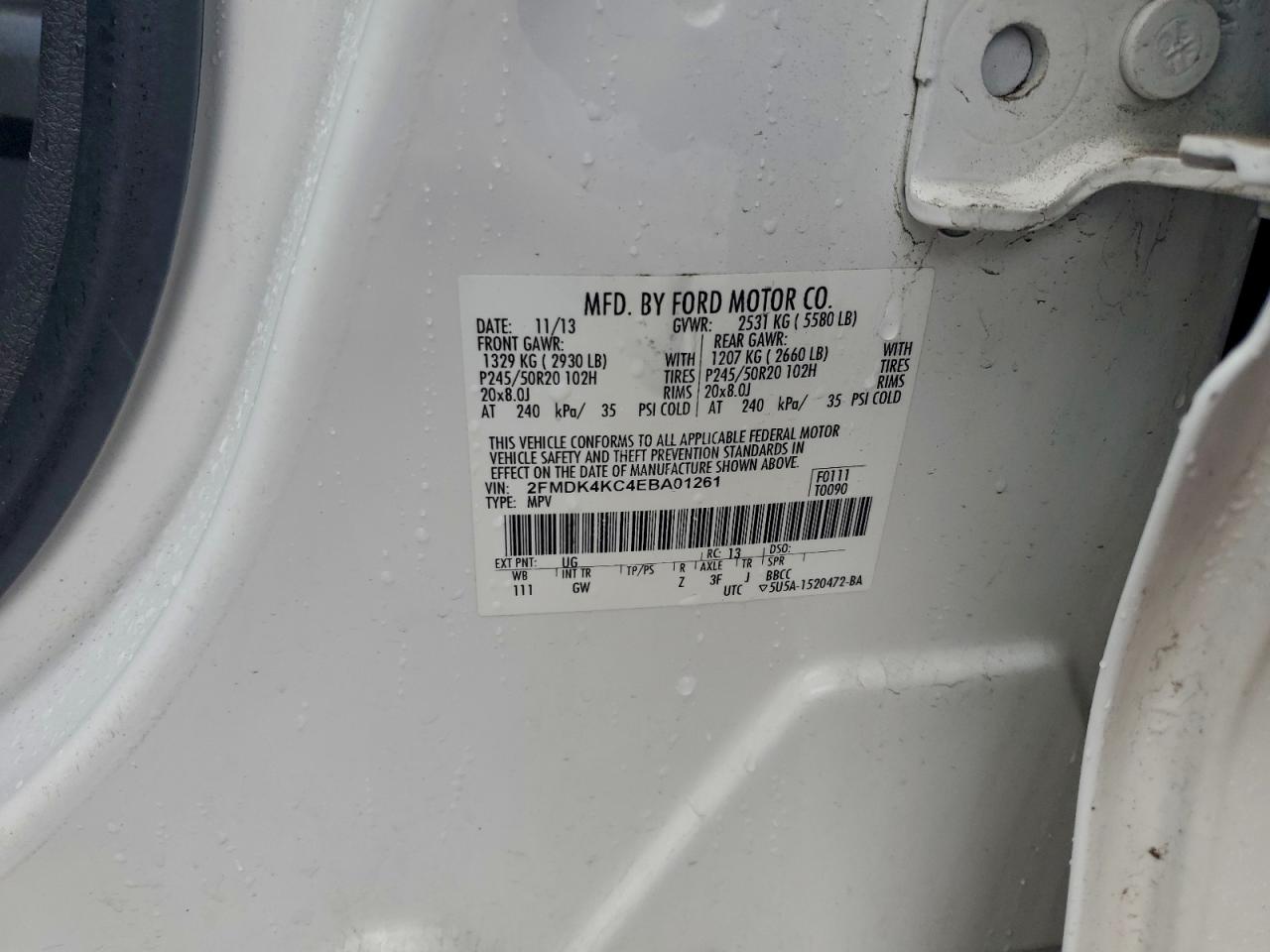 2014 Ford Edge Limited VIN: 2FMDK4KC4EBA01261 Lot: 96611615