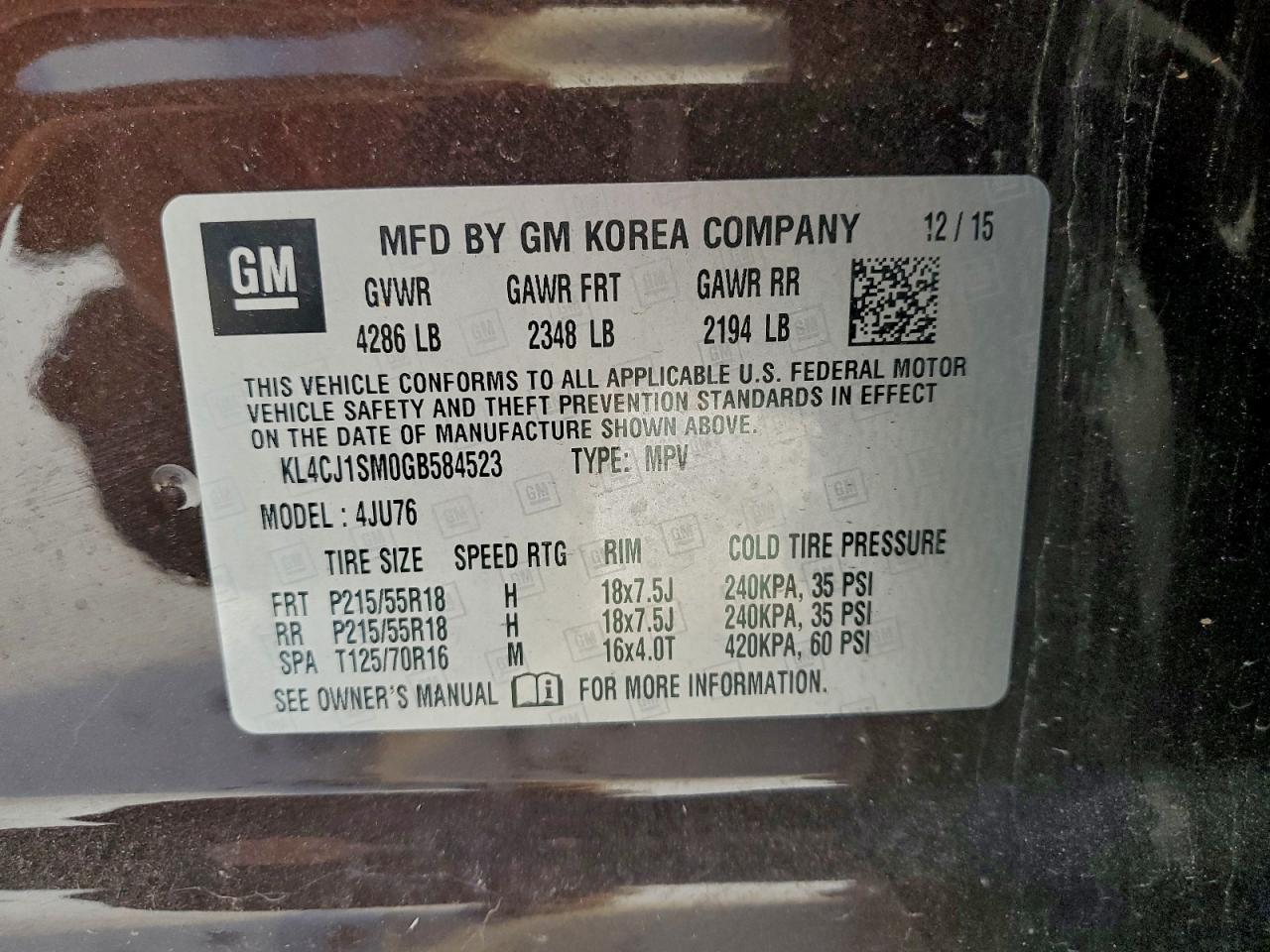 2016 Buick Encore Sport Touring VIN: KL4CJ1SM0GB584523 Lot: 97001695