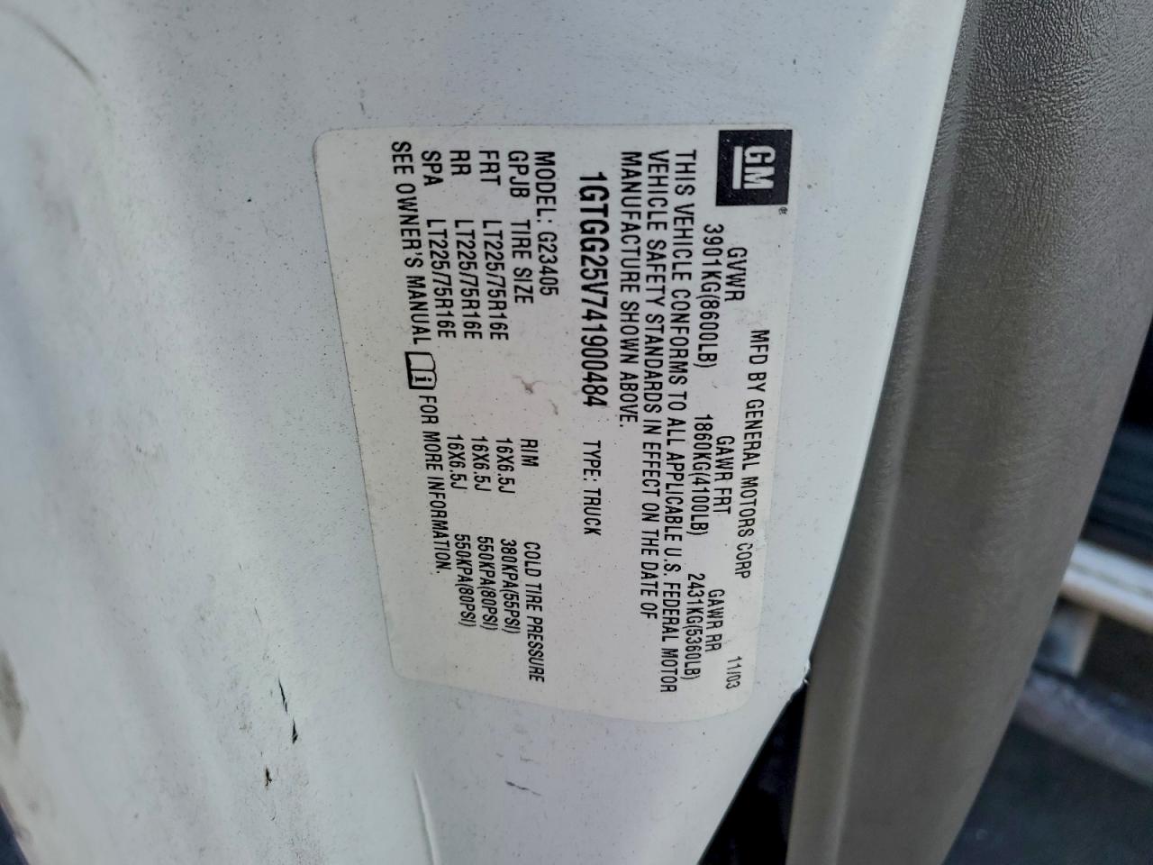 2004 GMC Savana G2500 VIN: 1GTGG25V741900484 Lot: 94323515