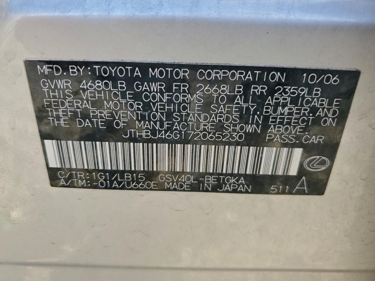 2007 Lexus Es 350 VIN: JTHBJ46G172065230 Lot: 96392305