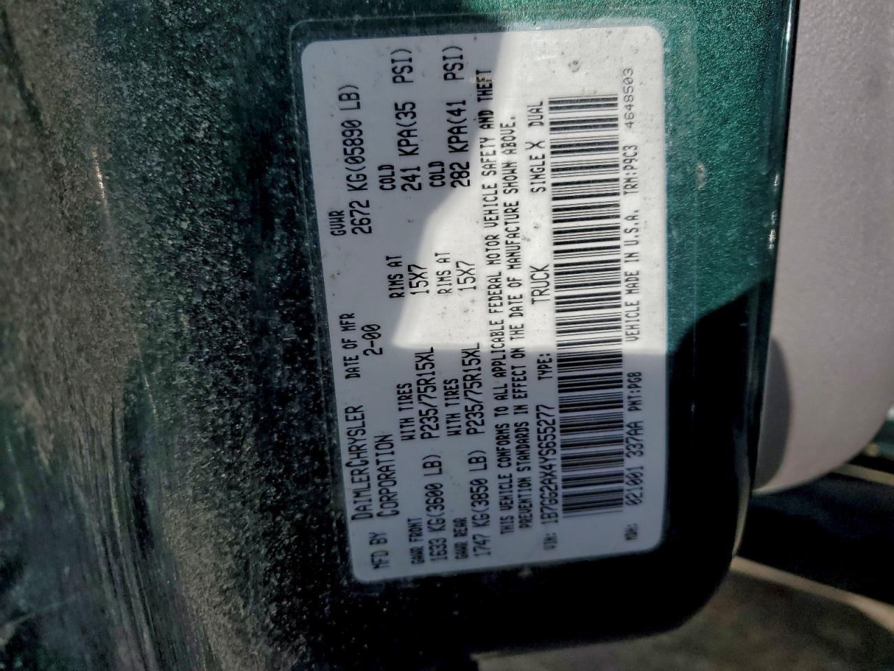 2000 Dodge Dakota Quad VIN: 1B7GG2AX4YS655277 Lot: 96635295