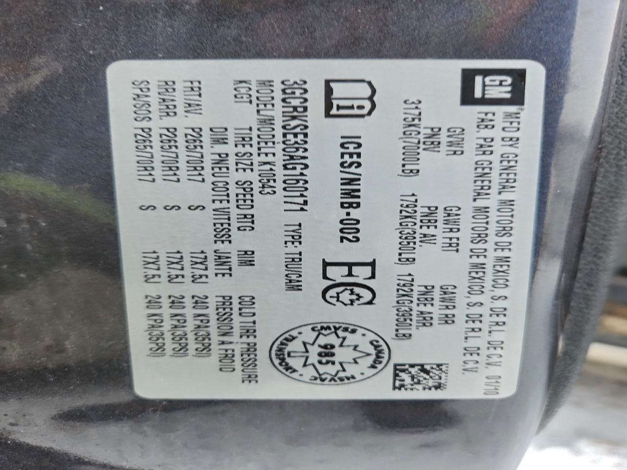 2010 Chevrolet Silverado K1500 Lt VIN: 3GCRKSE36AG160171 Lot: 94687405