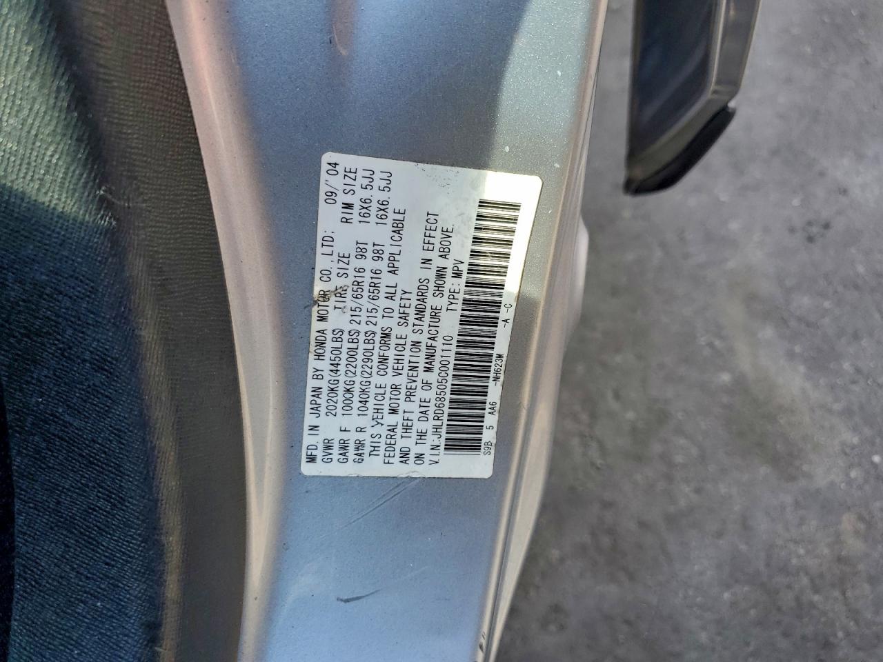 2005 Honda Cr-V Lx VIN: JHLRD68505C001110 Lot: 95519215