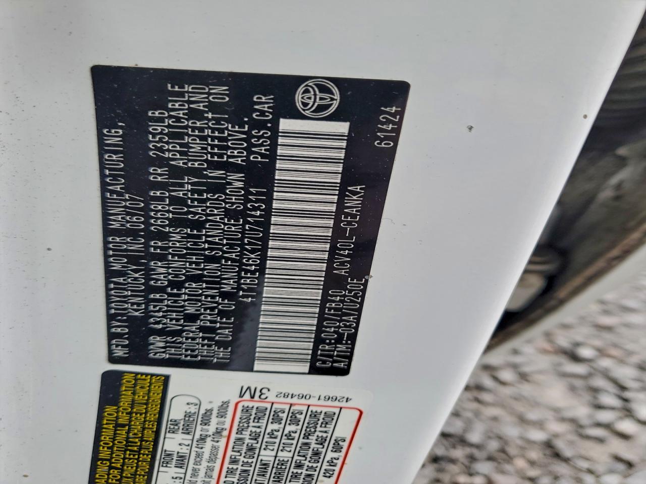 2007 Toyota Camry Ce VIN: 4T1BE46K17U714311 Lot: 95007345