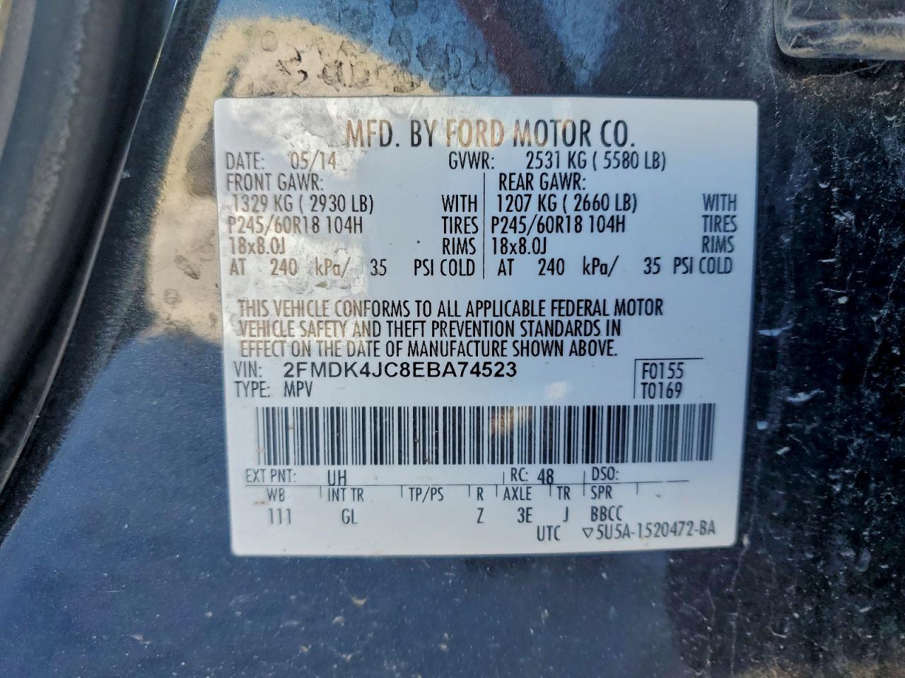 2014 Ford Edge Sel VIN: 2FMDK4JC8EBA74523 Lot: 94907305