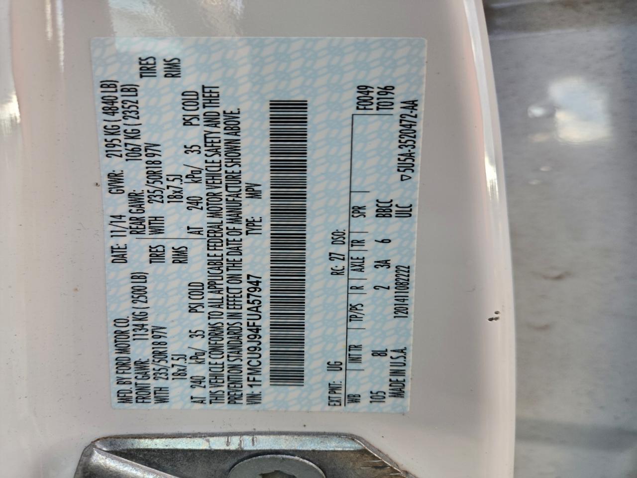 2015 Ford Escape Titanium VIN: 1FMCU9J94FUA57947 Lot: 94578685