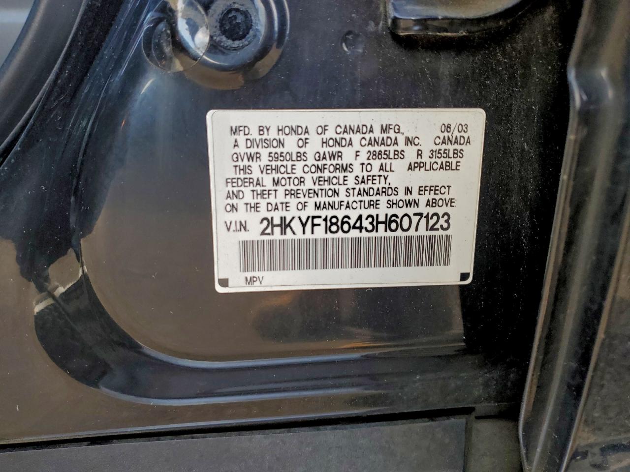2003 Honda Pilot Exl VIN: 2HKYF18643H607123 Lot: 94939585