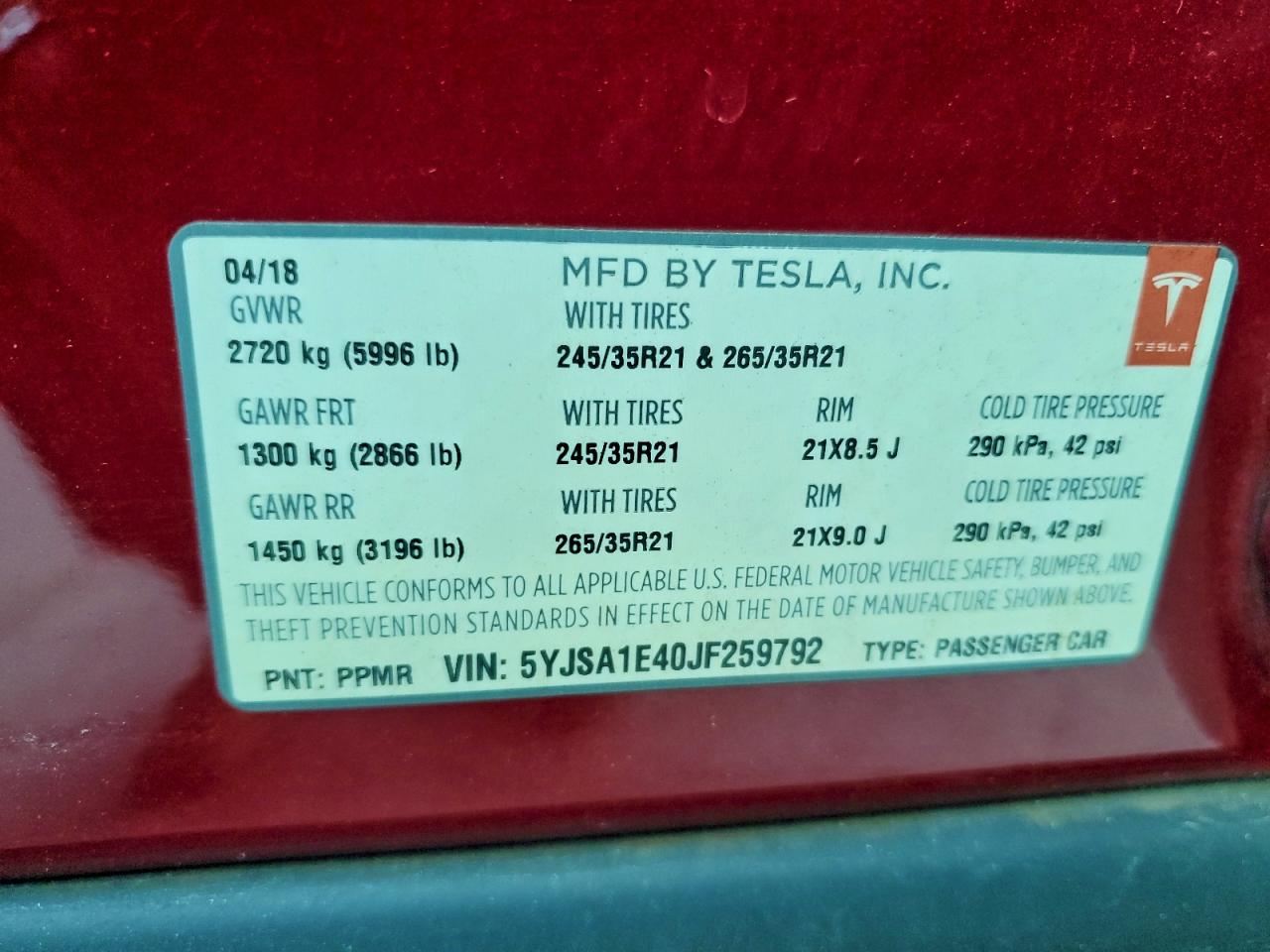 2018 Tesla Model S VIN: 5YJSA1E40JF259792 Lot: 95349355