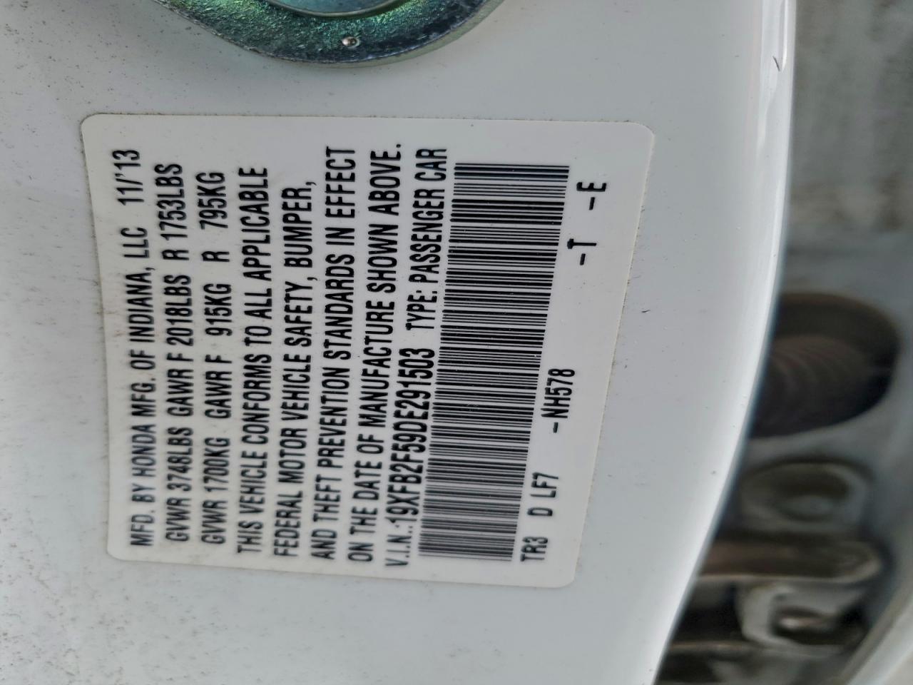 2013 Honda Civic Lx VIN: 19XFB2F59DE291503 Lot: 95797225