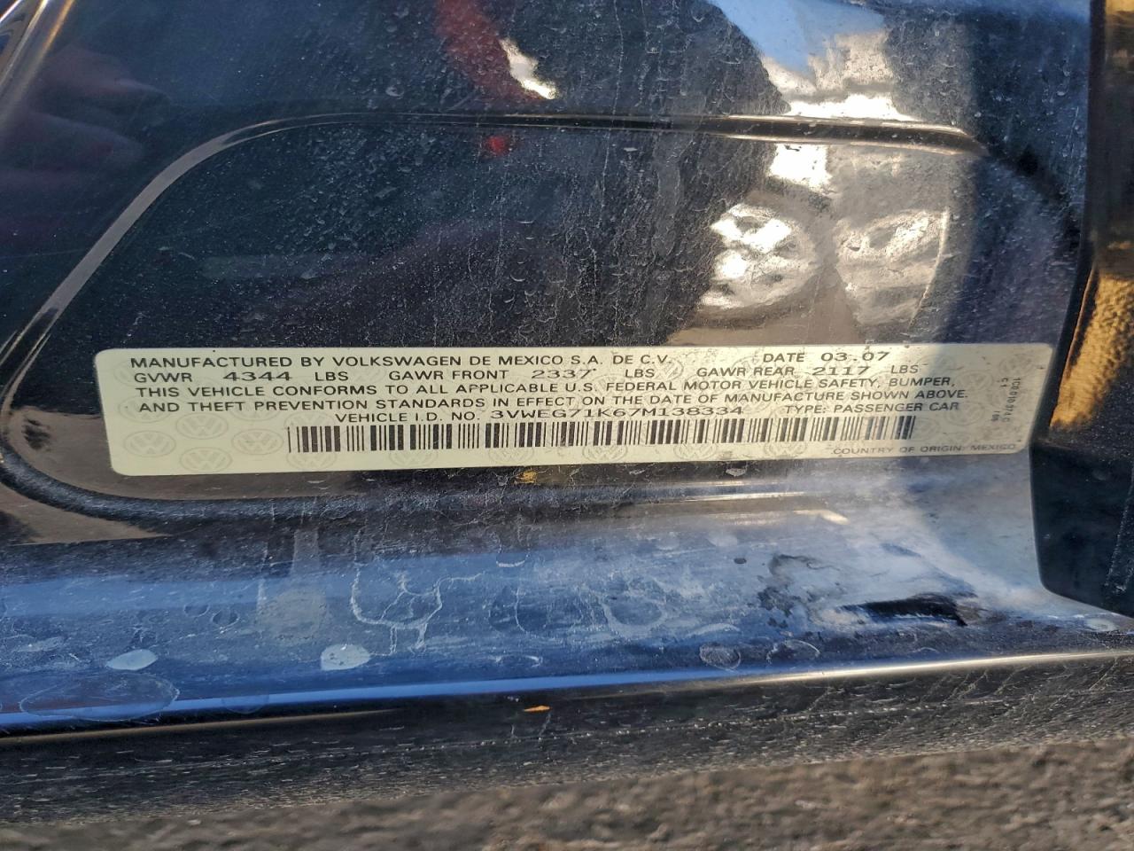 2007 Volkswagen Jetta Wolfsburg VIN: 3VWEG71K67M138334 Lot: 96619095