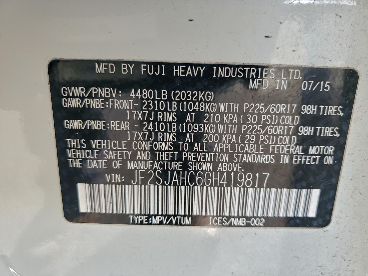 2016 Subaru Forester 2.5I Limited VIN: JF2SJAHC6GH419817 Lot: 94378025