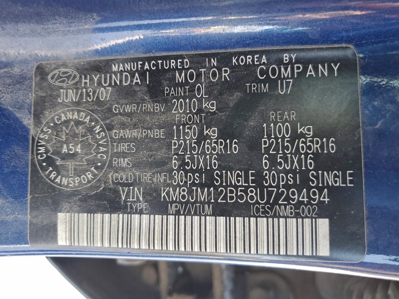 2008 Hyundai Tucson Gls VIN: KM8JM12B58U729494 Lot: 95759805