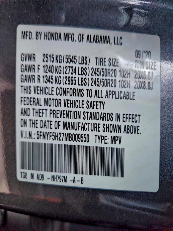 2021 Honda Pilot Se VIN: 5FNYF5H27MB009550 Lot: 93997775