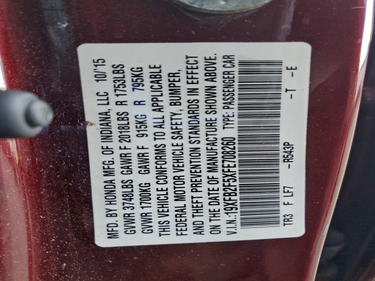 2015 Honda Civic Lx VIN: 19XFB2F5XFE708260 Lot: 95015515