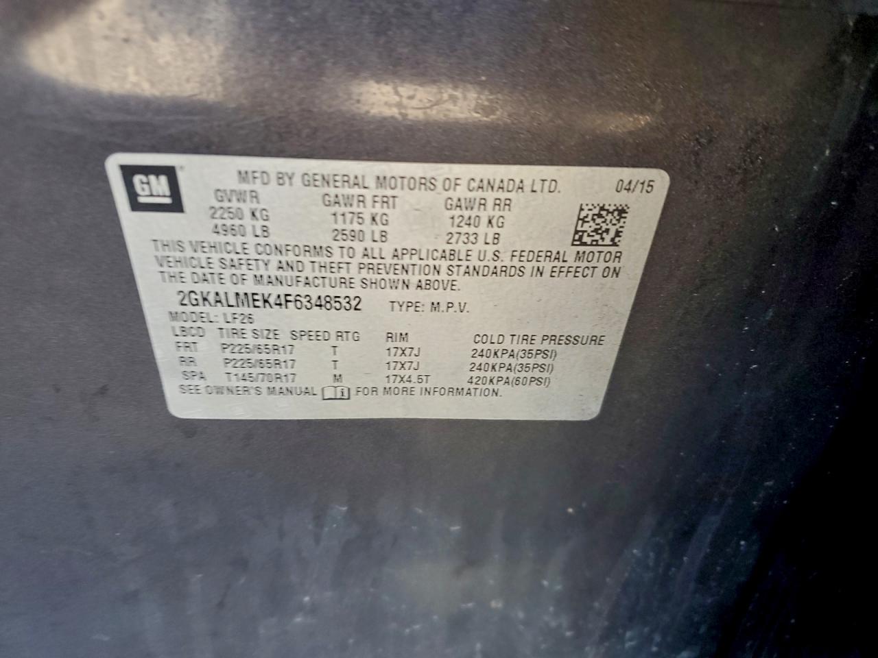 2015 GMC Terrain Sle VIN: 2GKALMEK4F6348532 Lot: 95315875