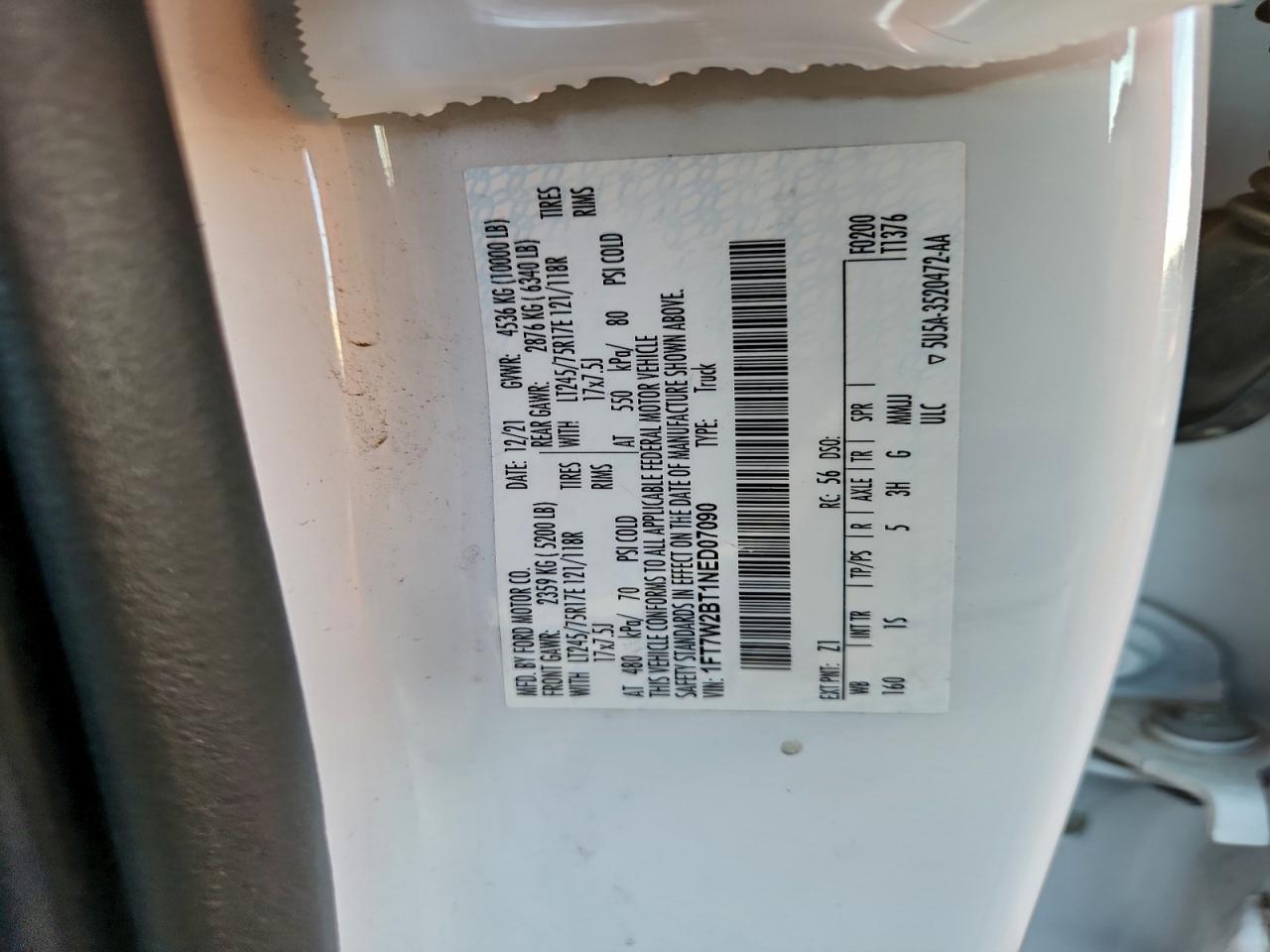 2022 Ford F250 Super Duty VIN: 1FT7W2BT1NED07090 Lot: 92293865