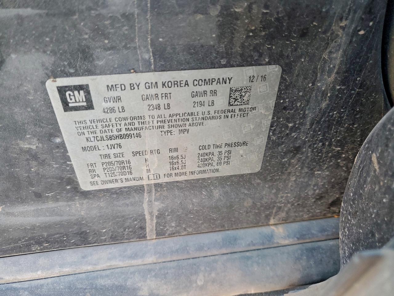 2017 Chevrolet Trax 1Lt VIN: KL7CJLSB5HB099146 Lot: 92678535