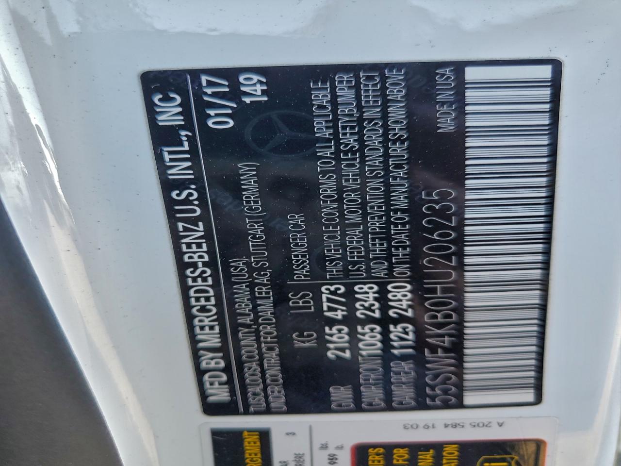 2017 Mercedes-Benz C 300 4Matic VIN: 55SWF4KB0HU206235 Lot: 95517925