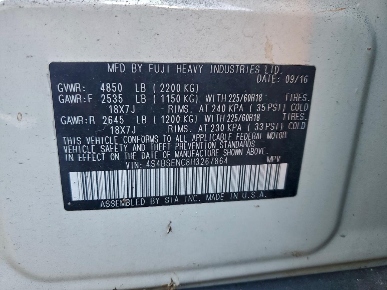 2017 Subaru Outback 3.6R Limited VIN: 4S4BSENC8H3267864 Lot: 94587775